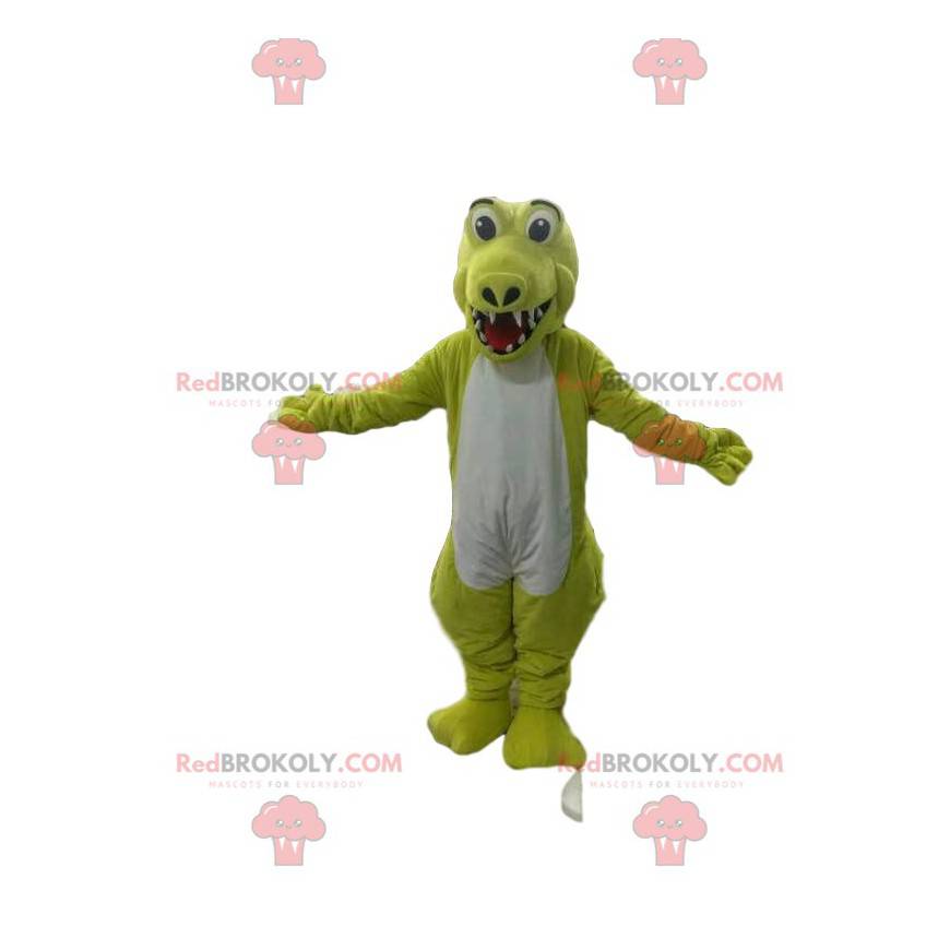 Very happy fluorescent yellow and white crocodile mascot -