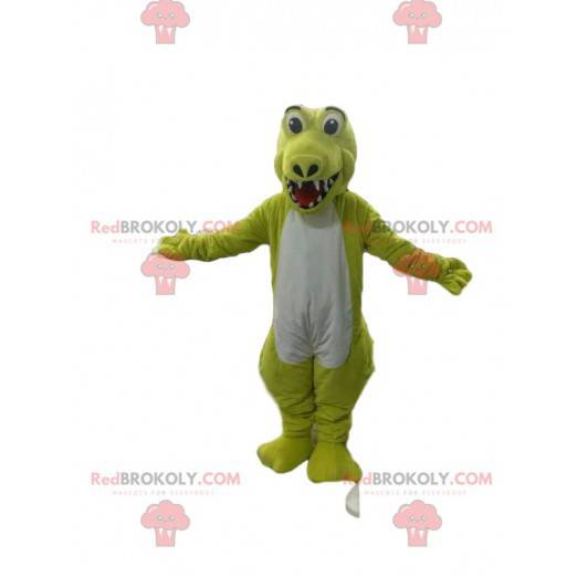 Mascote crocodilo amarelo e branco fluorescente muito feliz -