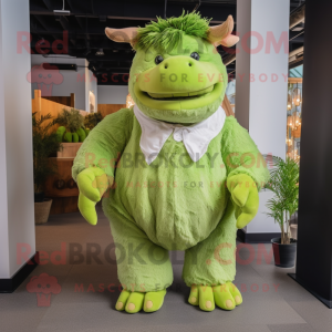 Lime Green Woolly Rhinoceros mascot costume character dressed with a Overalls and Bow ties