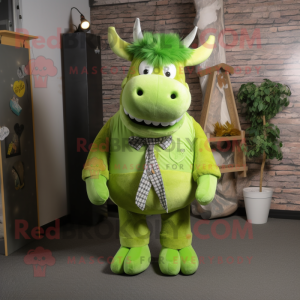 Lime Green Woolly Rhinoceros mascot costume character dressed with a Overalls and Bow ties