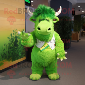 Lime Green Woolly Rhinoceros mascot costume character dressed with a Overalls and Bow ties