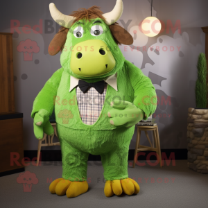 Lime Green Woolly Rhinoceros mascot costume character dressed with a Overalls and Bow ties