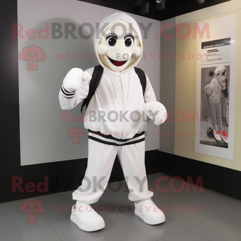 White Mime mascot costume character dressed with a Hoodie and Shoe laces