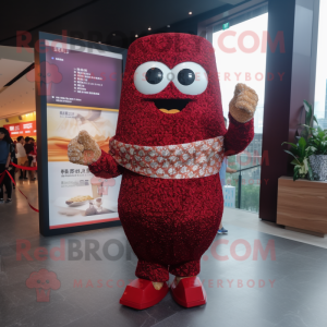 Maroon Fried Rice mascot costume character dressed with a Leggings and Clutch bags