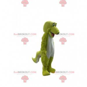 Mascote crocodilo amarelo e branco fluorescente muito feliz -