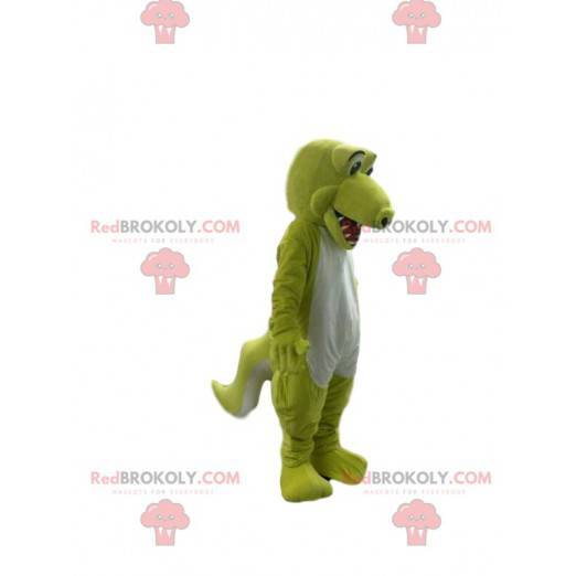 Very happy fluorescent yellow and white crocodile mascot -