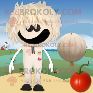 Beige Tomato mascot costume character dressed with a One-Piece Swimsuit and Hair clips
