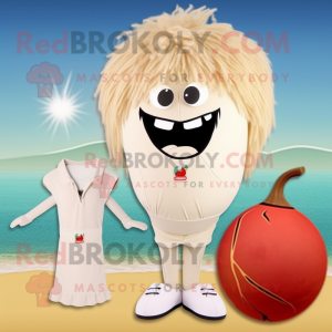 Beige Tomato mascot costume character dressed with a One-Piece Swimsuit and Hair clips