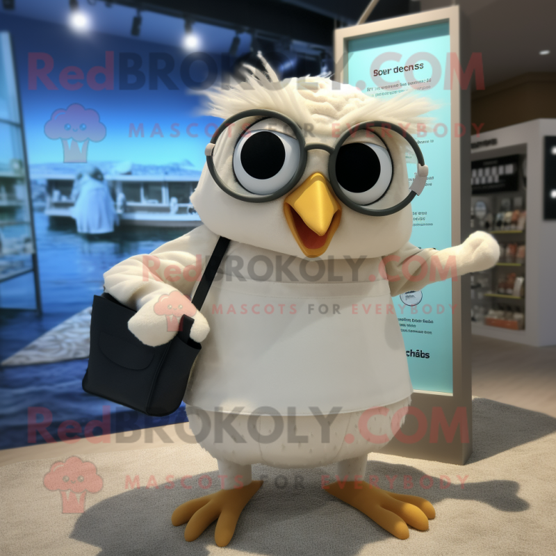 Beige Crow mascot costume character dressed with a One-Piece Swimsuit and Wallets Beige Crow mascot costume character dressed with a One-Piece Swimsuit and Wallets