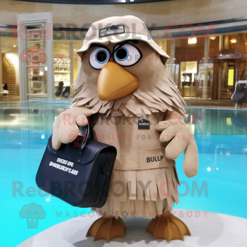 Beige Crow mascot costume character dressed with a One-Piece Swimsuit and Wallets Beige Crow mascot costume character dressed with a One-Piece Swimsuit and Wallets