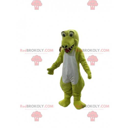 Mascote crocodilo amarelo e branco fluorescente muito feliz -