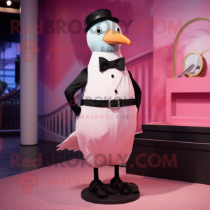 Pink Seagull mascot costume character dressed with a Tuxedo and Suspenders