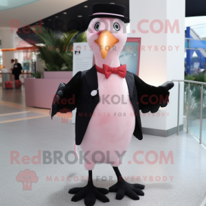 Pink Seagull mascot costume character dressed with a Tuxedo and Suspenders