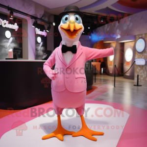 Pink Seagull mascot costume character dressed with a Tuxedo and Suspenders