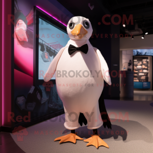 Pink Seagull mascot costume character dressed with a Tuxedo and Suspenders