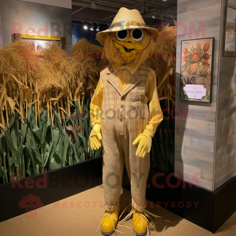 Gold Scarecrow mascot costume character dressed with a Romper and Pocket squares