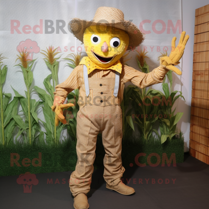 Gold Scarecrow mascot costume character dressed with a Romper and Pocket squares Gold Scarecrow mascot costume character dressed with a Romper and Pocket squares