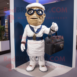 Navy Mummy mascot costume character dressed with a Polo Tee and Messenger bags