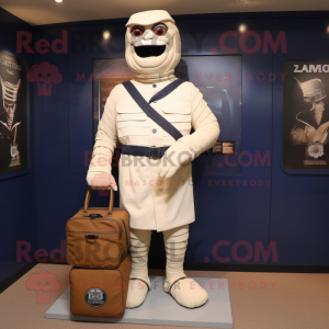 Navy Mummy mascot costume character dressed with a Polo Tee and Messenger bags