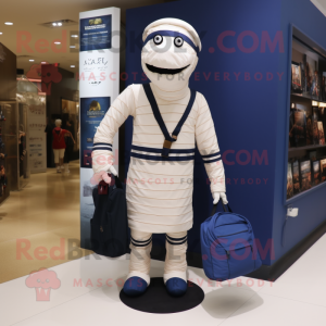 Navy Mummy mascot costume character dressed with a Polo Tee and Messenger bags