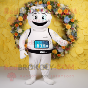 Cream Wedding Cake mascot costume character dressed with a Swimwear and Digital watches