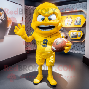 Yellow American Football Helmet mascot costume character dressed with a Running Shorts and Clutch bags
