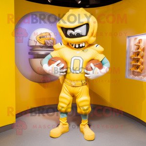 Yellow American Football Helmet mascot costume character dressed with a Running Shorts and Clutch bags