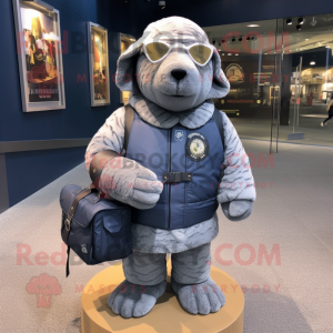 Silver Navy Seal mascot costume character dressed with a Sweater and Messenger bags