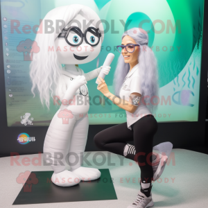 White Mermaid mascot costume character dressed with a Yoga Pants and Eyeglasses
