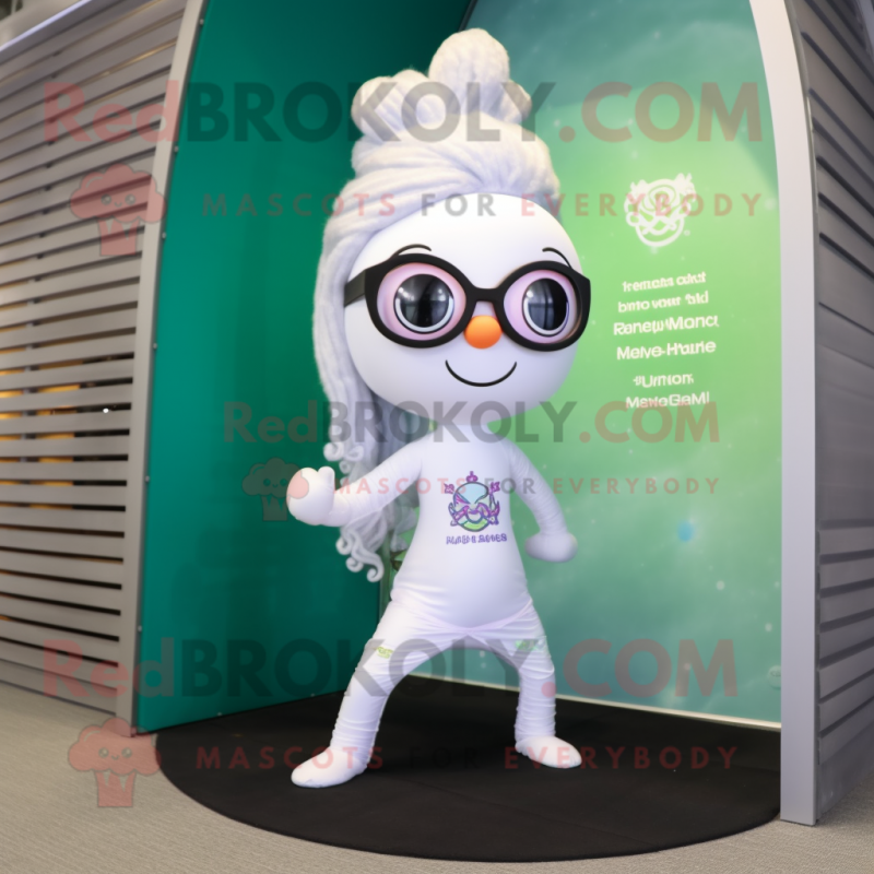 White Mermaid mascot costume character dressed with a Yoga Pants and Eyeglasses White Mermaid mascot costume character dressed with a Yoga Pants and Eyeglasses