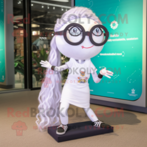 White Mermaid mascot costume character dressed with a Yoga Pants and Eyeglasses