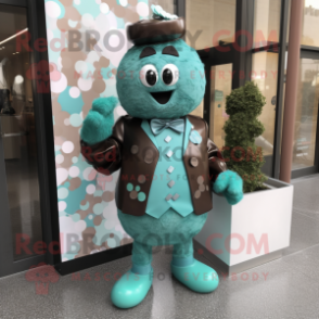 Teal Chocolates mascot costume character dressed with a Mini Dress and Tie pins
