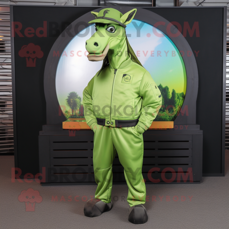 Lime Green Horse mascot costume character dressed with a Bomber Jacket and Caps