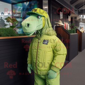 Lime Green Horse mascot costume character dressed with a Bomber Jacket and Caps