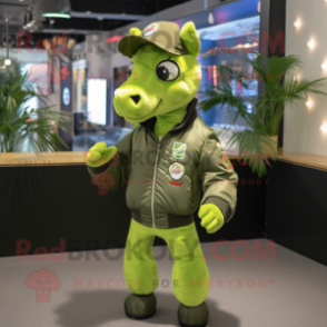 Lime Green Horse mascot costume character dressed with a Bomber Jacket and Caps