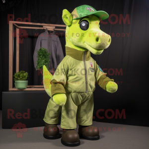 Lime Green Horse mascot costume character dressed with a Bomber Jacket and Caps