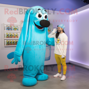 Cyan Hot Dog mascot costume character dressed with a Hoodie and Watches