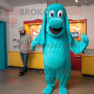 Cyan Hot Dog mascot costume character dressed with a Hoodie and Watches