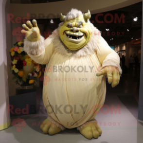 Cream Ogre mascot costume character dressed with a Evening Gown and Gloves