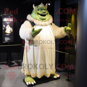 Cream Ogre mascot costume character dressed with a Evening Gown and Gloves