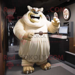 Cream Ogre mascot costume character dressed with a Evening Gown and Gloves