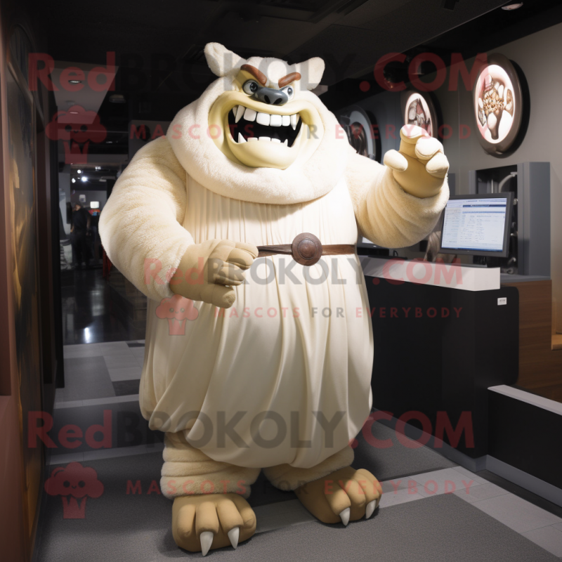 Cream Ogre mascot costume character dressed with a Evening Gown and Gloves Cream Ogre mascot costume character dressed with a Evening Gown and Gloves