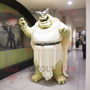 Cream Ogre mascot costume character dressed with a Evening Gown and Gloves