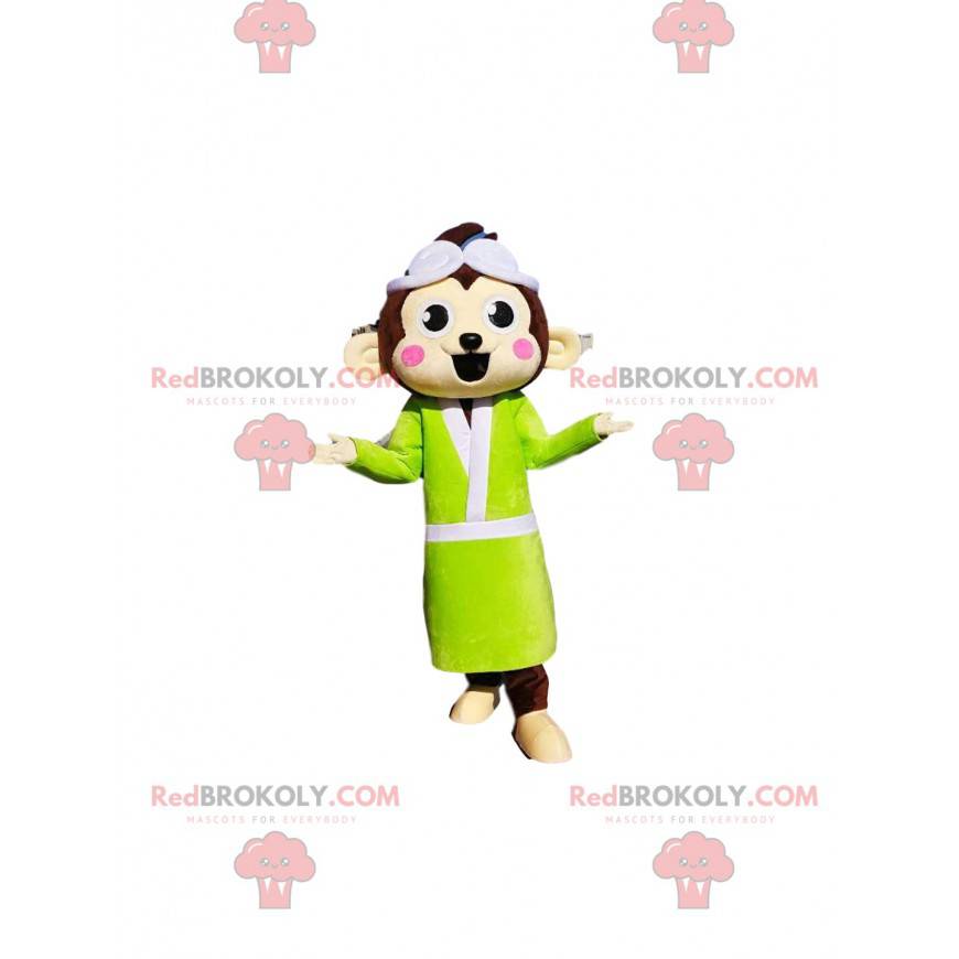 Bruine aap mascotte met een neongele badjas - Redbrokoly.com