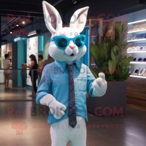Cyan Rabbit mascot costume character dressed with a Poplin Shirt and Sunglasses