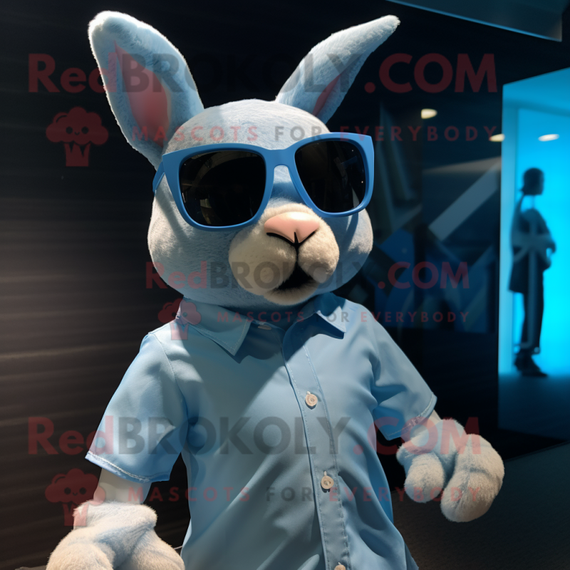 Cyan Rabbit mascot costume character dressed with a Poplin Shirt and Sunglasses