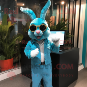 Cyan Rabbit mascot costume character dressed with a Poplin Shirt and Sunglasses