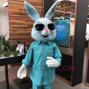 Cyan Rabbit mascot costume character dressed with a Poplin Shirt and Sunglasses