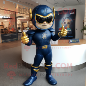 Navy Superhero mascot costume character dressed with a Playsuit and Bracelets