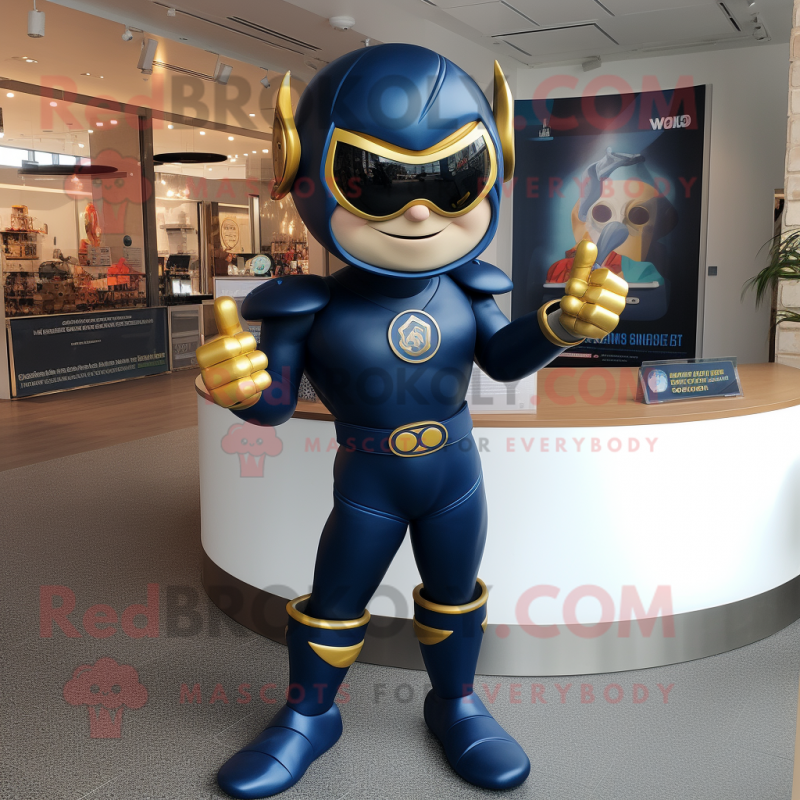 Navy Superhero mascot costume character dressed with a Playsuit and Bracelets Navy Superhero mascot costume character dressed with a Playsuit and Bracelets
